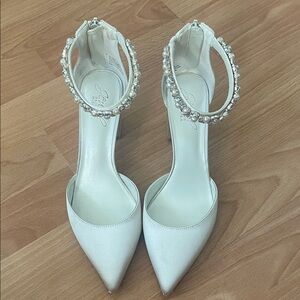 Jewel Badgley Mischka White Heels with Bejeweled Ankle Straps